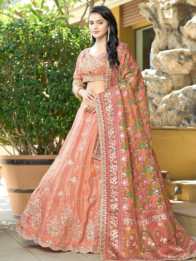 Glamorous Orange Thread Work Viscose Engagement Wear Lehenga Choli - Ethnic Plus In